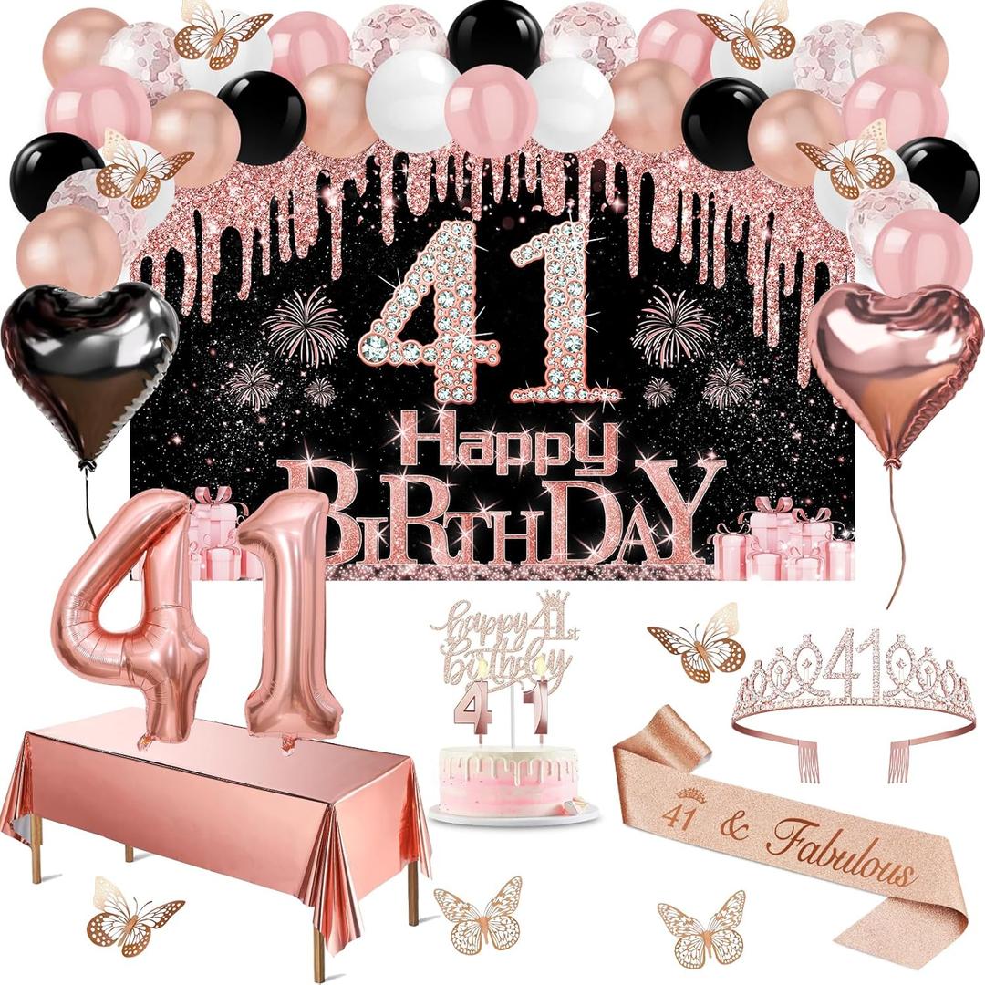 41 Birthday Decorations for Women, 49pcs Black Rose Gold Black Happy 41st Birthday Banner, Tablecloth, Butterfly Decor, Sash and Tiara, Cake Topper, Candles, Balloons Arch