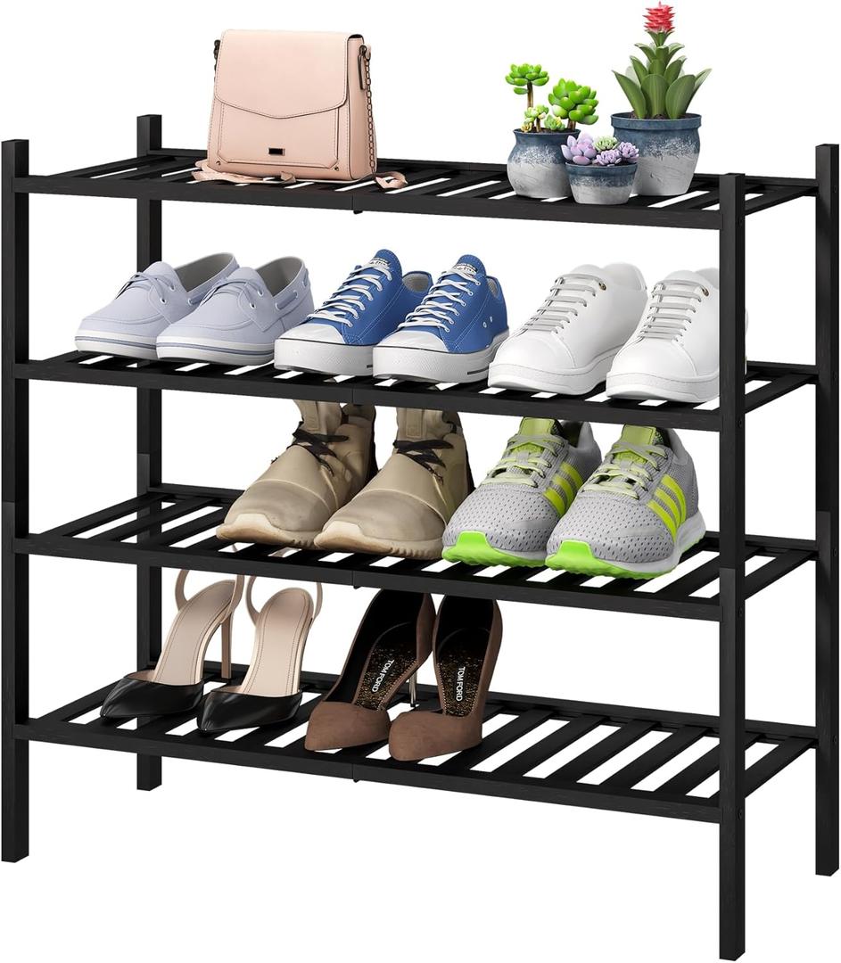 viewcare 4Tier Black Bamboo Shoe Rack for Entryway, Stackable | Foldable | Natural, Shoe Organizer for Hallway Closet, Free Standing Shoe Racks for Indoor Outdoor
