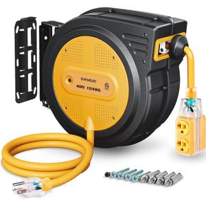 SURAIELEC 10 AWG Retractable Extension Cord Reel, 40 Ft Heavy Duty SJTOW Power Cord, 20A Breaker Protected, 4 Lighted Grounded Outlets, Wall or Ceiling Mount, ETL Listed