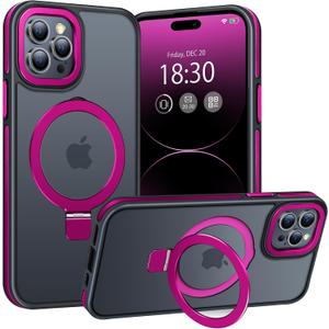 Magnetic Case for iPhone 14 Pro Max, with Invisible Ring Stand, Military Drop Protection, Shockproof Anti-Fingerprint Matte Protective Cover for iPhone 14 Pro Max, Hot Pink