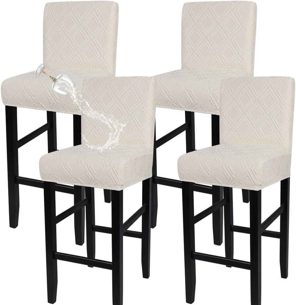 SearchI Water Repellent Bar Stool Covers Set of 4, Stretch Washable Barstool Seat Covers, Counter Height Chair Covers for Kitchen Dining Room Cafe (Beige Diamond Jacquard)