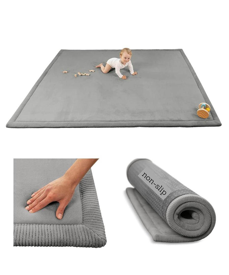 Premium Baby Playmat for Floor 60" x 80" Dark Gray  Cloudsoft Coral Velvet Memory Foam Rug for Crawling  Non-Slip, Water-Resistant, Non-Toxic, Easy-Care Muscle Mat  Thick Play Mat for Baby