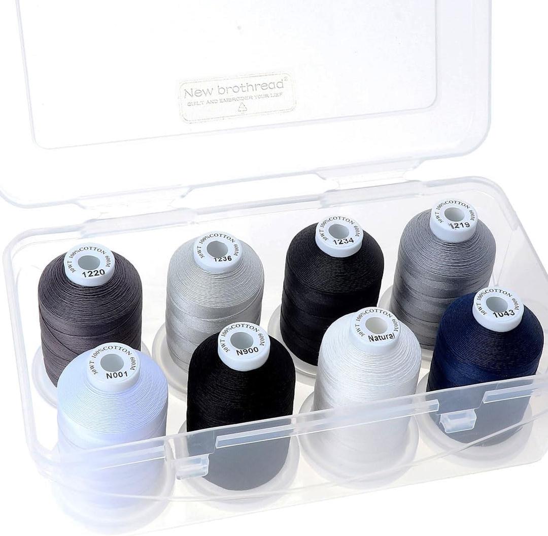 New brothread - 18 Options - Multi-Purpose 100% Mercerized Cotton Thread 50S/3 600M Each Spool for Quilting, Serger, Sewing and Embroidery - 8xMonochrome with Clear Plastic Storage Box