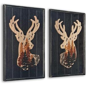 WAIU Cabin Wall Decor, Decorative Deer Wood Framed Forest Mountain Woodland Wildlife Lodge Elk Animal Picture Art Print Wall Decor, 10 x 14 Inches Set of 2, Elk