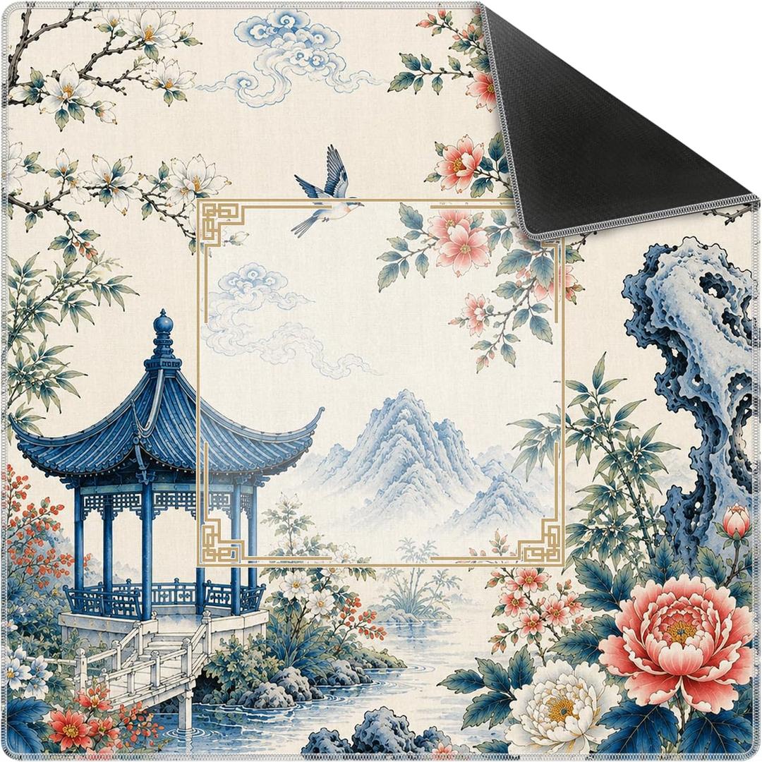 Chinoiserie Peony Floral Bird Mahjong Mat 31.5x31.5 Inch