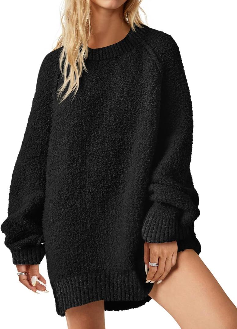 Saodimallsu Women's Oversized Sweater 2026 Spring Trendy Fuzzy Crew Neck Long Sleeve Casual Tunic Sweaters (X-Large, Black)