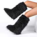 Dufnfn Women's Knee-High Faux Fur Boots - Furry Fluffy Warm Winter Snow Boots with Comfortable Round Toe for Cozy Outdoor and Indoor Use(Big Black) (Black, M)