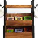 Rustic Brown Wooden Countertop Teabag Teacup Storage Stand 3 Tier Tea Sachet Coffee Pod 4 Hanging Hooks Mug Cup Top Shelf Black Matte Metal Frame Kitchen Bar Office Break Room Home Drinks