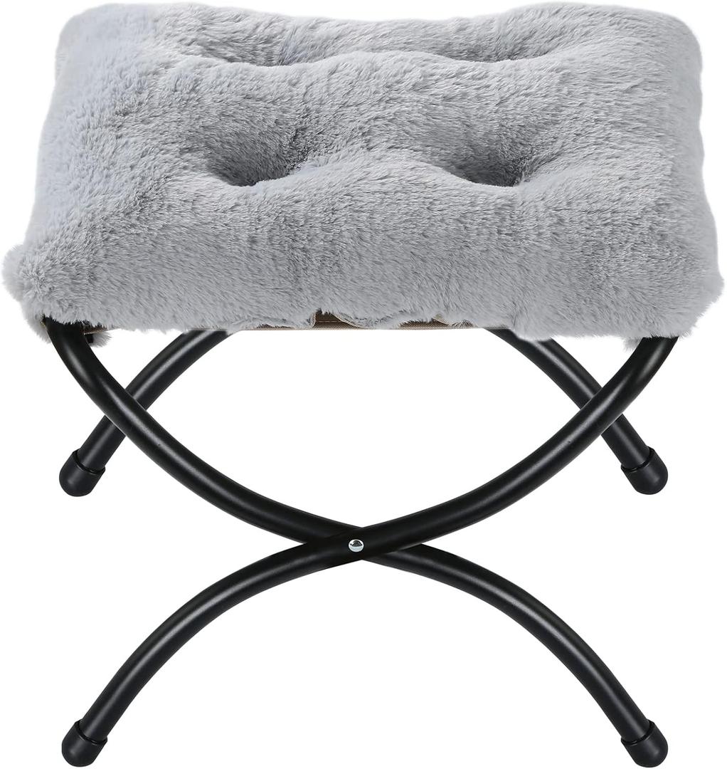 15" Foldable Foot Stool Ottoman with Metal Frame - Washable Faux Fur Grey Upholstered Indoor/Outdoor Footrest for Living Room, Bedroom, Patio - Space-Saving Compact Design, Small