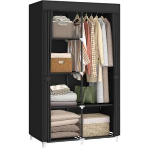 35 Inch Portable Closet for Small Room, Clothing Organizer Storage Rack with Non-Woven Fabric Cover, 1 Clothes Hanging Rod, 6 Storage Shelves, Black