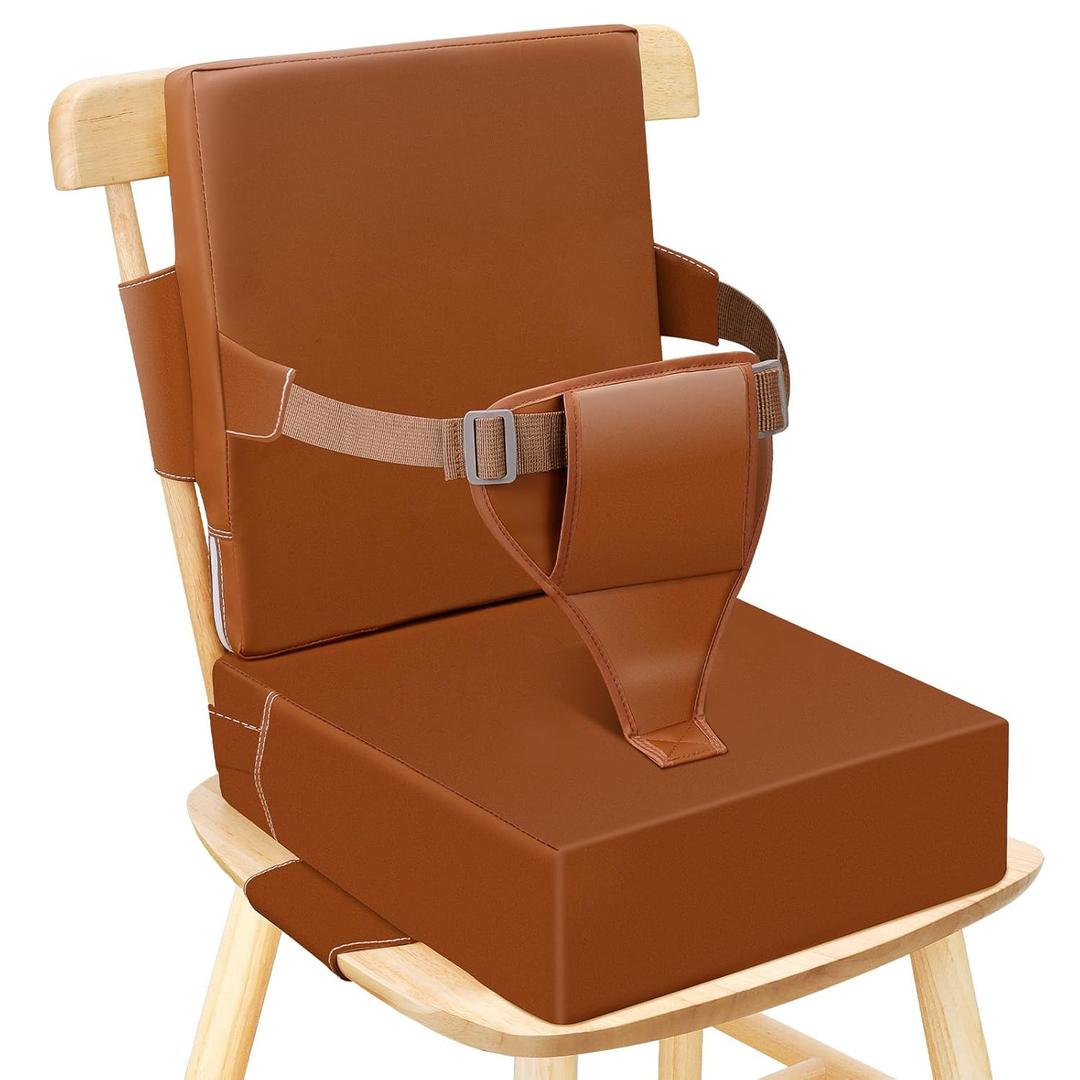 Toddler Booster Seat for Dining Table Kitchen Chair, Waterproof Non-Slip with Backrest & Adjustable Straps, Portable PU Travel Baby Kids Booster Seat Cushion (Dark Brown)