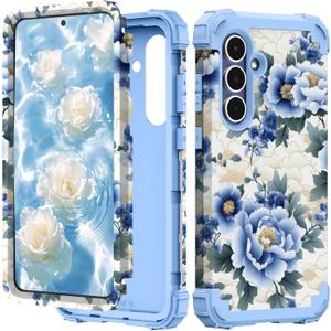 PIXIU Unique Flower Pattern Compatible with Samsung Galaxy S25 FE case,Heavy Duty Dual Layer Shockproof Full-Body Protective Sturdy Hybrid Cute Rugged Case for Women,Girls,Kids-Blue Peony (A17)