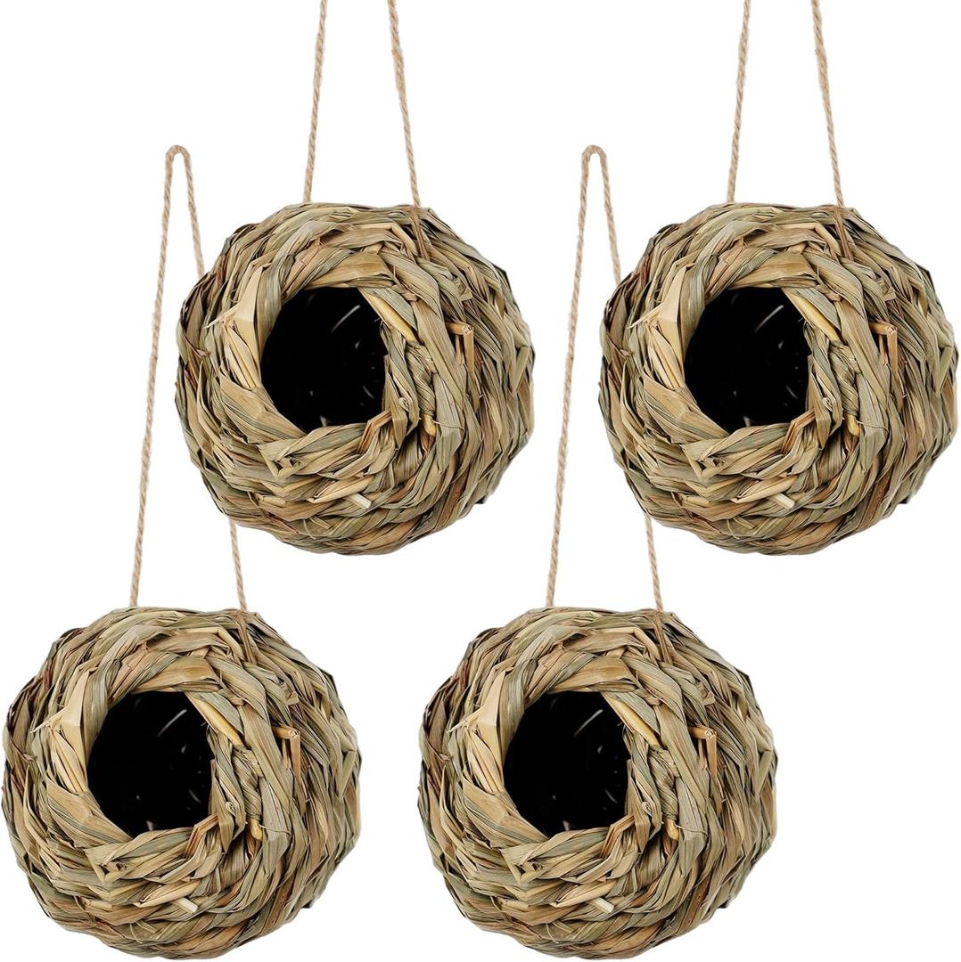 Winemana 4 Pack Hanging Bird Nest House for Outside, Ball Shape, Hand Woven, Durable Sturdy, Made of Natural Grass, Perfect for Garden Patio Lawn Office Indoor