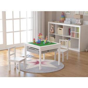 UTEX Wooden 2 in 1 Kids Construction Activity Table and 2 Chairs Set with Storage Drawers, and Built in Plate Compatible with Lego and Duplo Bricks (White with Grey Drawers)