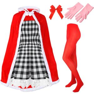 Xuhal Set of 5 Pcs Christmas Costume for Women Christmas Gingham Dresses Velvet Hooded Cape Tights Gloves Bow for Girl (Large)