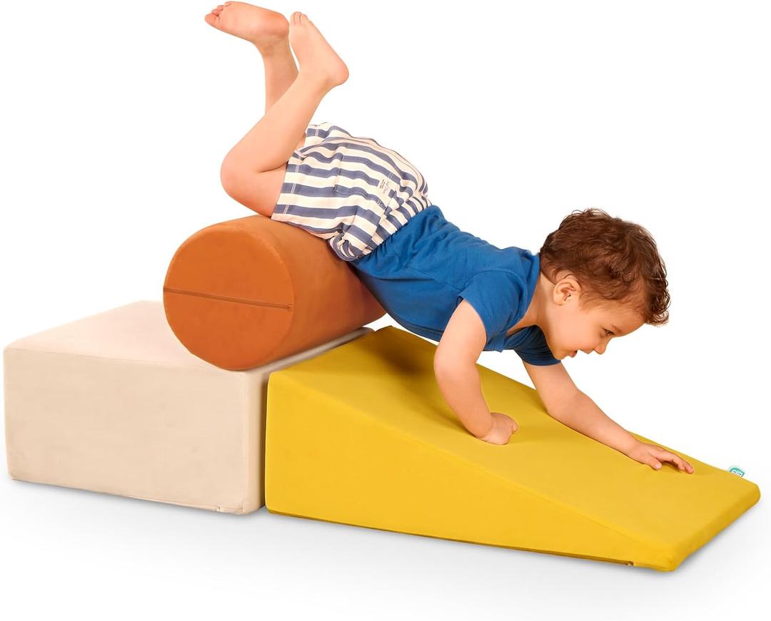 B. toys  Sensory Foam Building Blocks for Toddlers  3 Pieces Climbing Set with Cylinder, Ramp & Block  Easy-Grip Handles, Machine Washable Covers  Soft Play Shapes for Babies & Toddlers 12+ Months