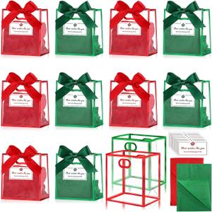 Tenare 12 Pack 42.84.5 Inch Mini Clear Plastic Gift Bags with Handles Valentines Extra Small Transparent Party Favor Bags Bulk with Ribbon Tissue Paper for Wedding Party Supplies(Red and Green)