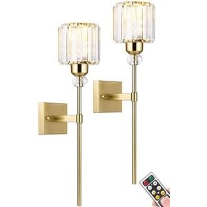 Modern Gold Wall Sconces Lighting Battery Operated Set of 2,No Wiring Rechargeable Wall Lights Fixture with Wireless Remote,Clear Glass Long Wall Lamp for Bedroom Bathroom Living Room Vanity Light