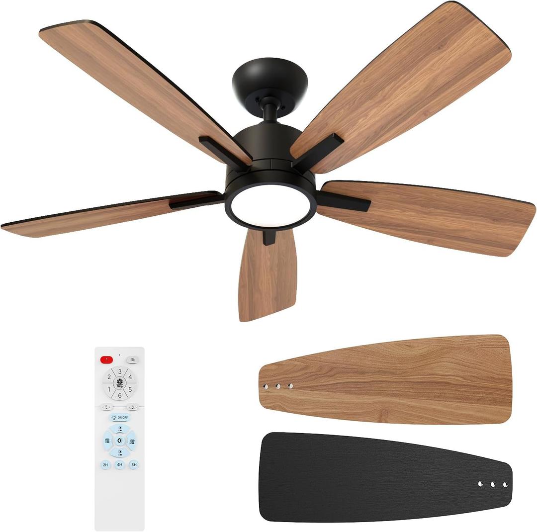TALOYA 42 Inch Ceiling Fans with Lights Led Remote Control Low Profile Flush Mount for Bedroom Home Outdoor Patio Living Room,3 Color Temperatures, Dimmable, DC Motor, Reversible,5 Blades, Black