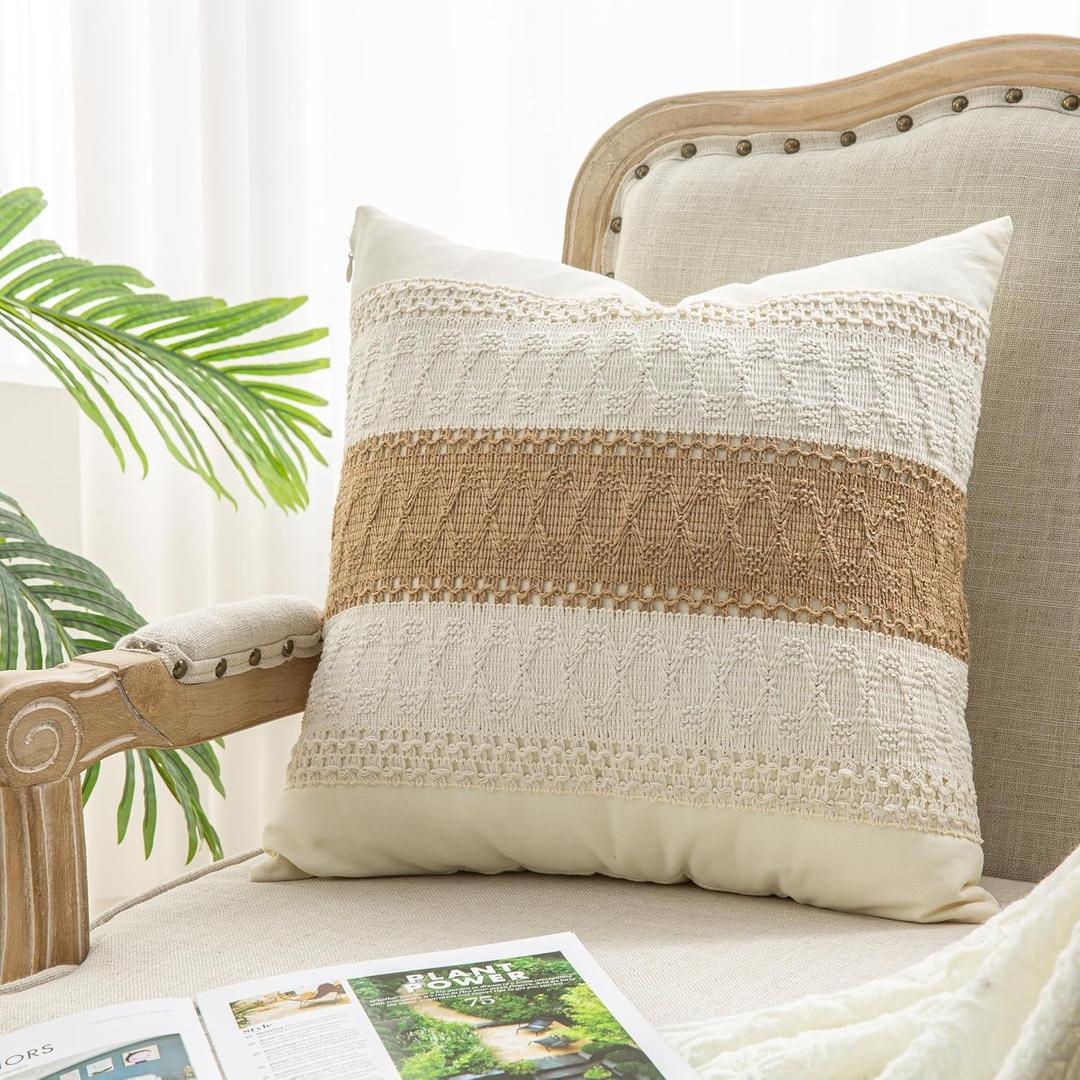 Throw Pillow Covers 20 x 20 Inch 1PC for Farmhouse Living Room, Cotton & Burlap Textured Striped Woven Boho Pillow Covers (Beige & Brown, Single Striped)