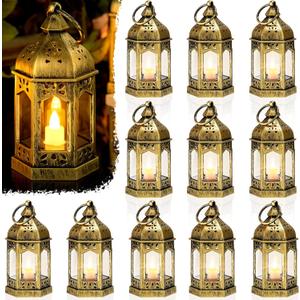 Cunhill 12 Pieces Mini Lanterns with Flickering LED Candle Vintage Decorative Hanging Candle Lanterns for Ramadan Wedding Decorations Party Table Centerpiece, Battery Included(Gold)