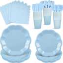 NatNarr 175 Pcs Light Blue Plates and Napkins Set, 25 Guest Blue Party Supplies Include Scalloped Plates Napkin Cup Forks Knives Disposable Plastic Cutlery for Wedding Boy Baby Shower Birthday