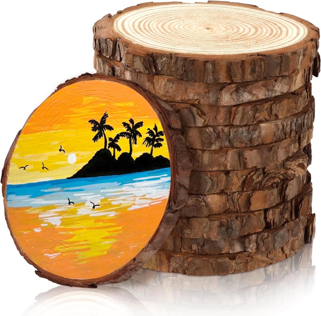 FSWCCK 10 PCS Unfinished Wood Slices for Centerpieces-Round Natural Discs with Tree Bark, Wooden Cookies Circles for Crafts Christmas Ornaments, Rustic Wedding Decor,Table Decoration (4"- 4 .7")