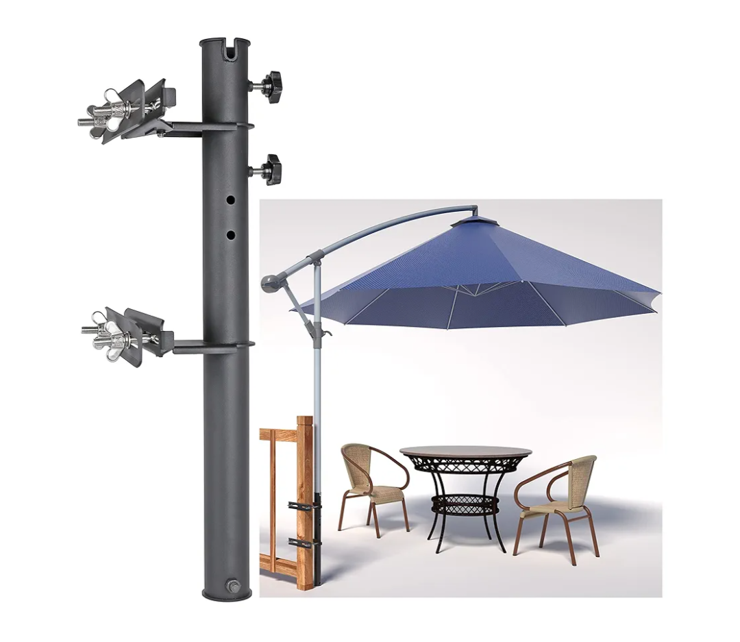 Patio Table/Offset Umbrella Railing Holder, Stainless Steel Outdoor Umbrella Mount/Bracket for Deck Railing, Adjustable Base Width (Tube ID: 2.05")