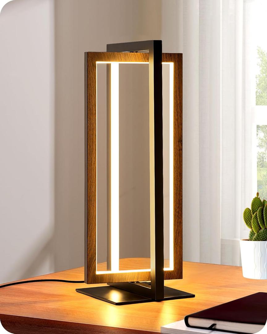EDISHINE Modern LED Table Lamp, Stepless Dimmable Minimalist Bedside Lamp, MAX 750LM, 3 Color Temperature, Switch Control Nightstand Lamp for Living Room Bedroom, Angle Adjustable (Wood Grain Walnut Color)