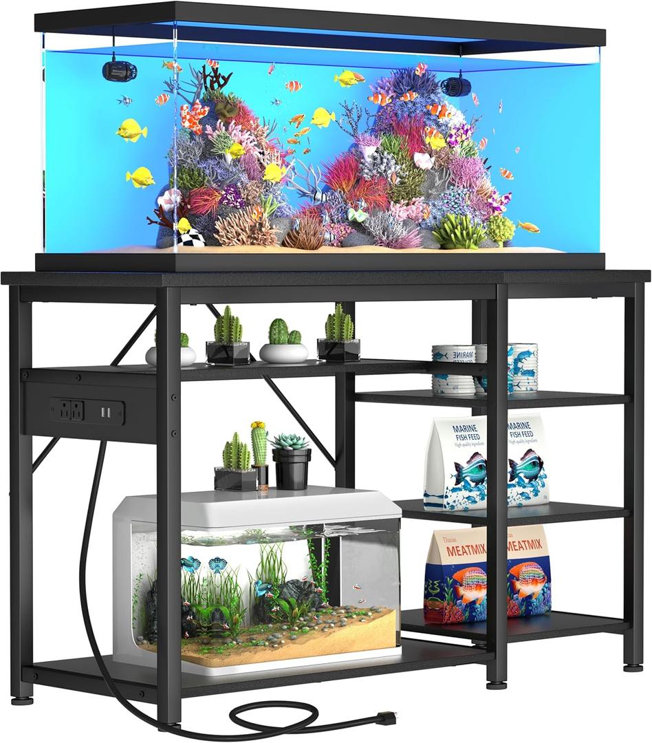 GRLEAF 20-40 Gallon Aquarium Stand: 800LB Capacity, Built-In Power Outlets, 3-Tier Shelves for Fish Tank Accessories Storage, Heavy-Duty Steel/Wood Hybrid for Fish & Reptile Tanks | Excludes Tan, Black