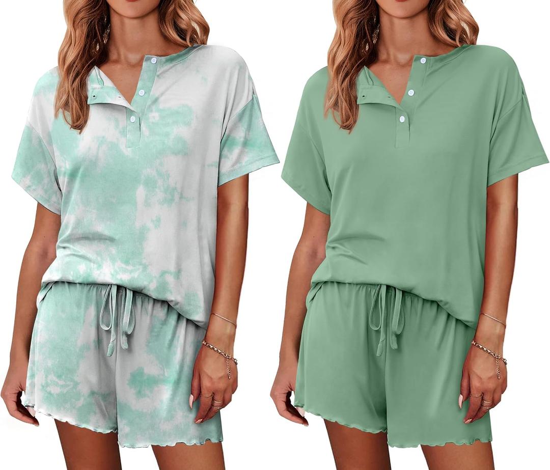 Ekouaer 2 Pack Womens Pajama Sets Short Sleeve Top with Shorts Soft Comfy Loungewear Sleepwear S-XXL (Tie Dye Light Green/Green)