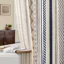Nave Blue Boho Shower Curtain for Bathroom,Beige Linen with Striped Print and Twine-Inspired Woven Center,72" W x 72" L