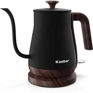 Keebar Gooseneck Electric Kettle - Stainless Steel Pour Over with Auto Shut Off, 0.8L Capacity, 1000W Quick Heating, Design with Elegant Handle, Matte Black with Walnut, Manual, (XH-W081-BW)