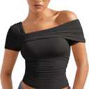 SUUKSESS Women One Off The Shoulder Summer Tank Tops Ruched Short Sleeve Shirts (X-Small, Black)