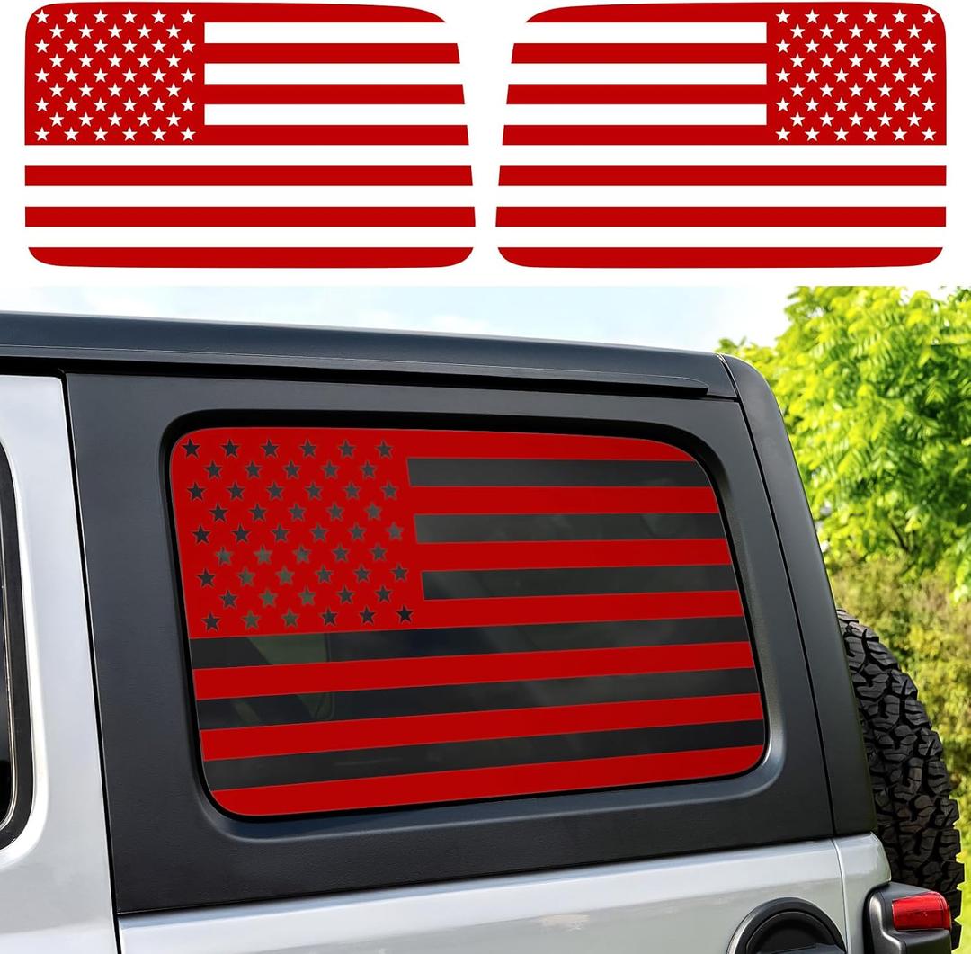 Red Rear Window American Flag Decal for Jeep Wrangler JL JLU 2018 2019 2020 2021 2022 2023 2024 2025, Precut Back Side Window Glass USA Flag Vinyl Sticker Car Exterior Accessories