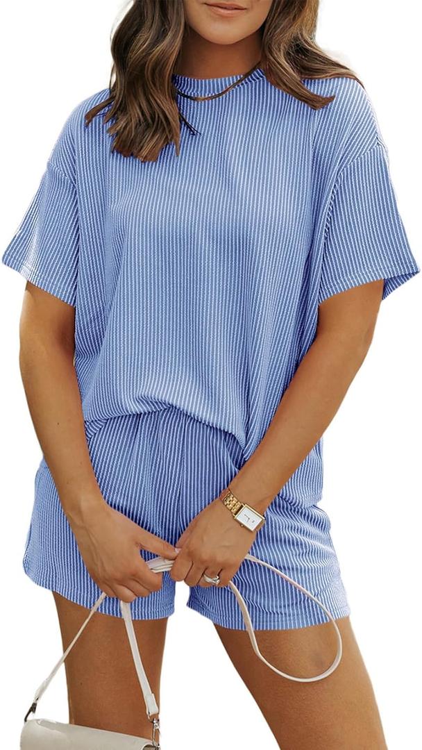 MARZXIN Women 2 Piece Shorts Set 2026 Casual Summer Cruise Outfits Ribbed Loose Short Sleeve Pocket Matching Lounge Sets (Medium, Blue)