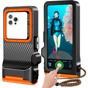 2025 Upgrade Waterproof Phone Case, Diving Snorkeling Swimming Scuba Underwater Touch Screen Photo Video Housing Cover for 16/15/14/13/12/11 Pro Max/XS/X Samsung Galaxy S25/S24/S23/S22 (Black Orange)