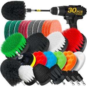 Holikme 30 Pack Drill Brush Attachments Set, Scrub Pads & Sponge, Power Scrubber Brush with Extend Long Attachment All Purpose Clean for Grout, Tiles, Sinks, Car Polishing Pads