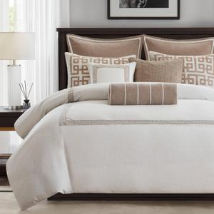 Madison Park Signature Oversized King Comforter Set, Luxury Hotel Style Bedding with Embroidered Details, All Season Down Alternative Comforter, Matching Shams & Decorative Pillows, Ivory/Tan, 9 Piece
