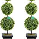 3.5ft Boxwood Outdoor Topiary Set of 2, Tall All Year Green Fake Plant Topiary Trees Artificial Outdoor Porch Trees with Sturdy Pot for Outdoor Indoor (Ball)