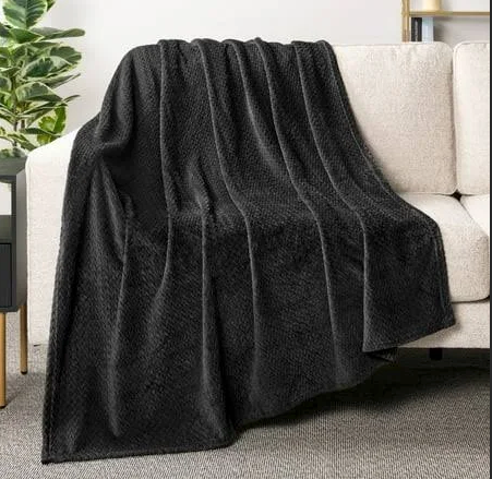Black Fleece Throw Blanket for Couch, Super Soft Fuzzy Flannel Throw for Sofa, Blanket for Bed, 112x122 Inch