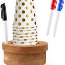 Wooden Cup Holder with Marker Slot & 3 Markers - Cup Holder Dispenser Circular Wood Stand for 10, 12, 16, 18 oz Cups - Organizer & Identifier