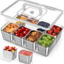 Snackle Box Container with 8 Removable Stainless Steel Containers Clear Divided Serving Snack Tray with Lid & Handle Leak-Proof for Wet/Dry Food Perfect for Parties, Travel, Office