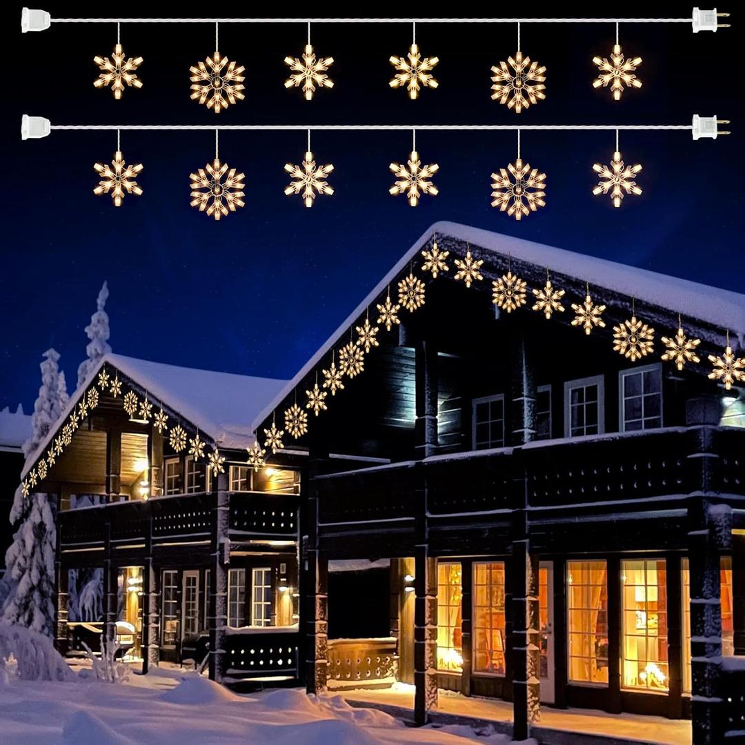Snowflake Christmas String Lights with 6 Drops - 9ft 100 Mini Bulb Icicle Lights with Hooks, Plug-in Connectable Hanging Lights for Christmas Home Indoor Outdoor Party Wedding Holiday Dcor (2 Pack)