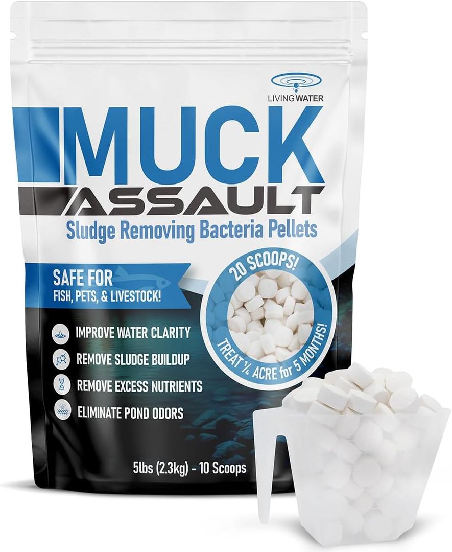 Muck Assault Sludge Eliminator Pellets - Natural Muck Digester with Beneficial Bacteria Enzymes to Clear Murky Water and Remove Pond Odor - Safe for Aquatic Life & Recreation (5 lbs.)