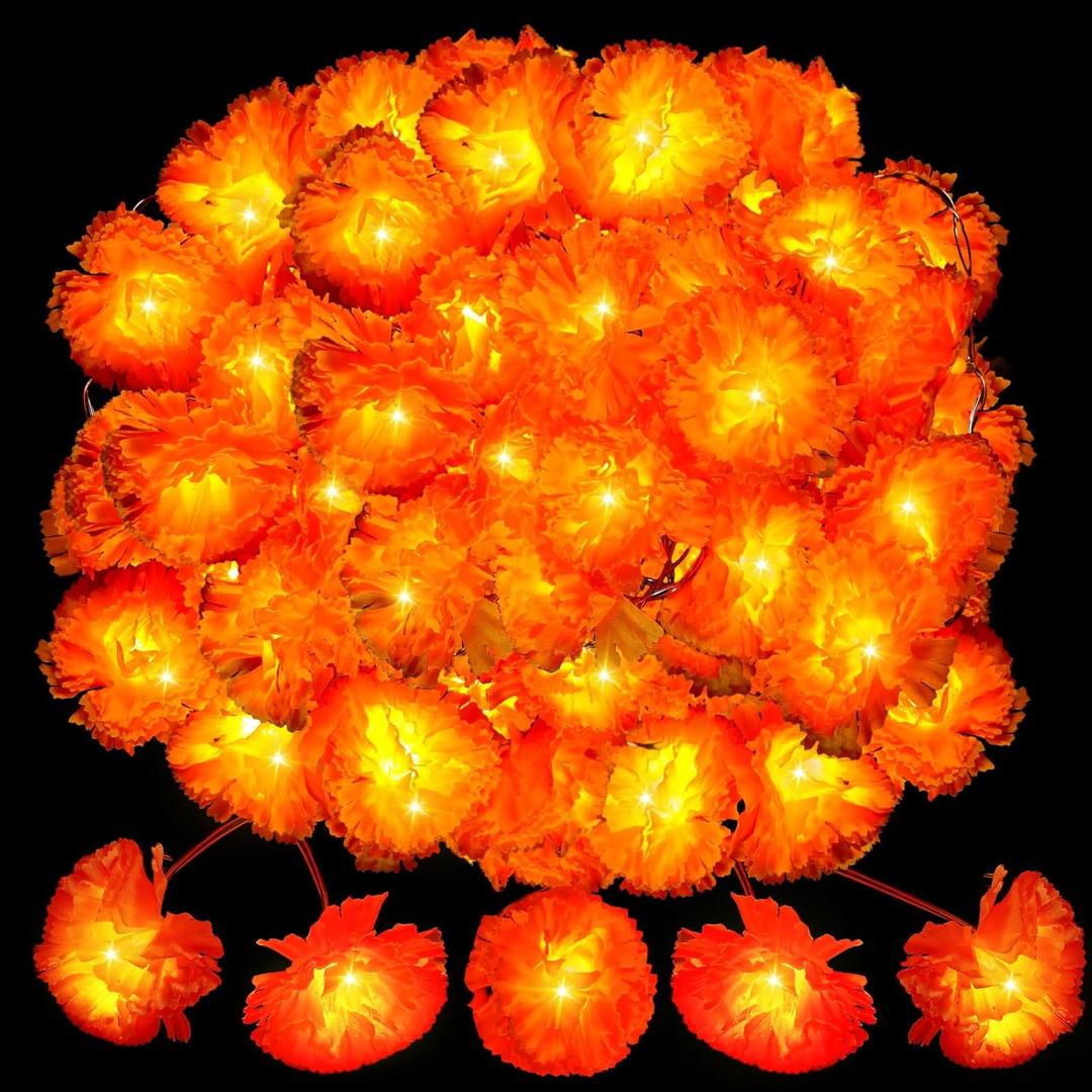 Retisee Marigold Garland Lights 9.8ft 20 LED Artificial Marigold Flowers Home Decor Orange Fairy Curtain Lights Battery Operated for Diwali Day of The Dead Pooja Party Decoration (2 Pack)