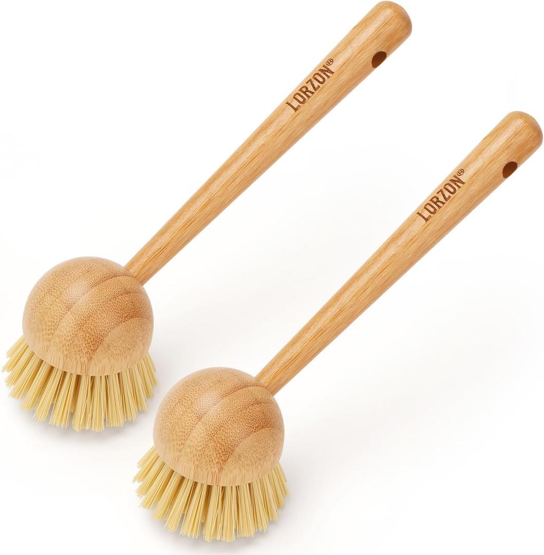 2 Pack Dish Brush with Handle, Bamboo Dish Scrub Brush, Kitchen Brushes for Dishes, Scrubber, Pots, Pans, Sink, Dishwashing Cleaning Brush