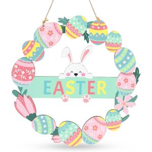 Easter Wreaths for Front Door, Colorful Eggs Happy Bunny Easter Welcome Sign Decorations for The Home Easter Spring Holiday Wooden Hanging Decor for Front Porch Window Wall Farmhouse Indoor Outdoor