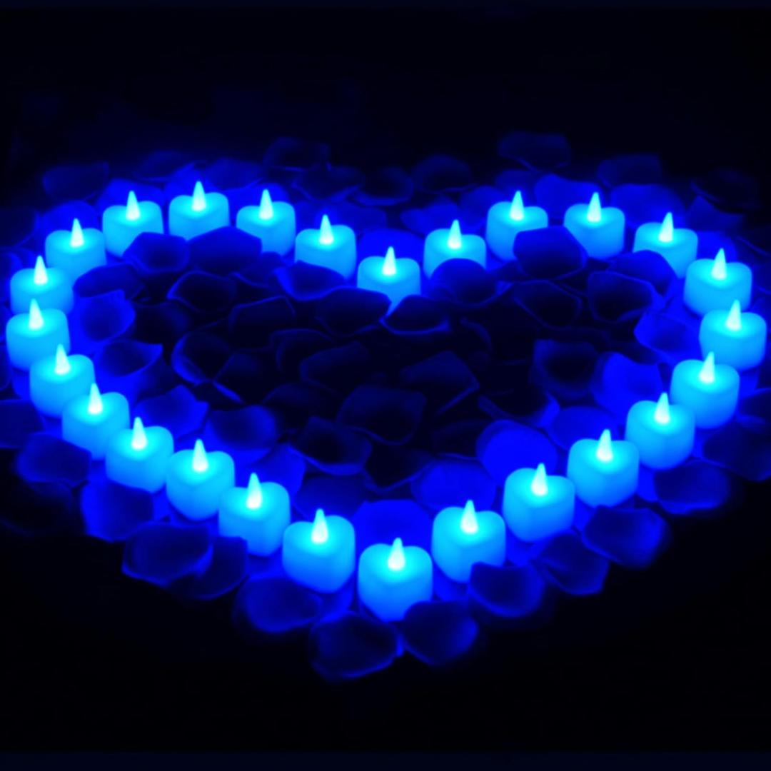 Honoson 1000 Pieces Artificial Rose Petals with 24 Pcs Flameless Heart Shaped LED Tealights Candles Special Romantic Night Decorations for Proposal Wedding Anniversary Table Decor(Blue)