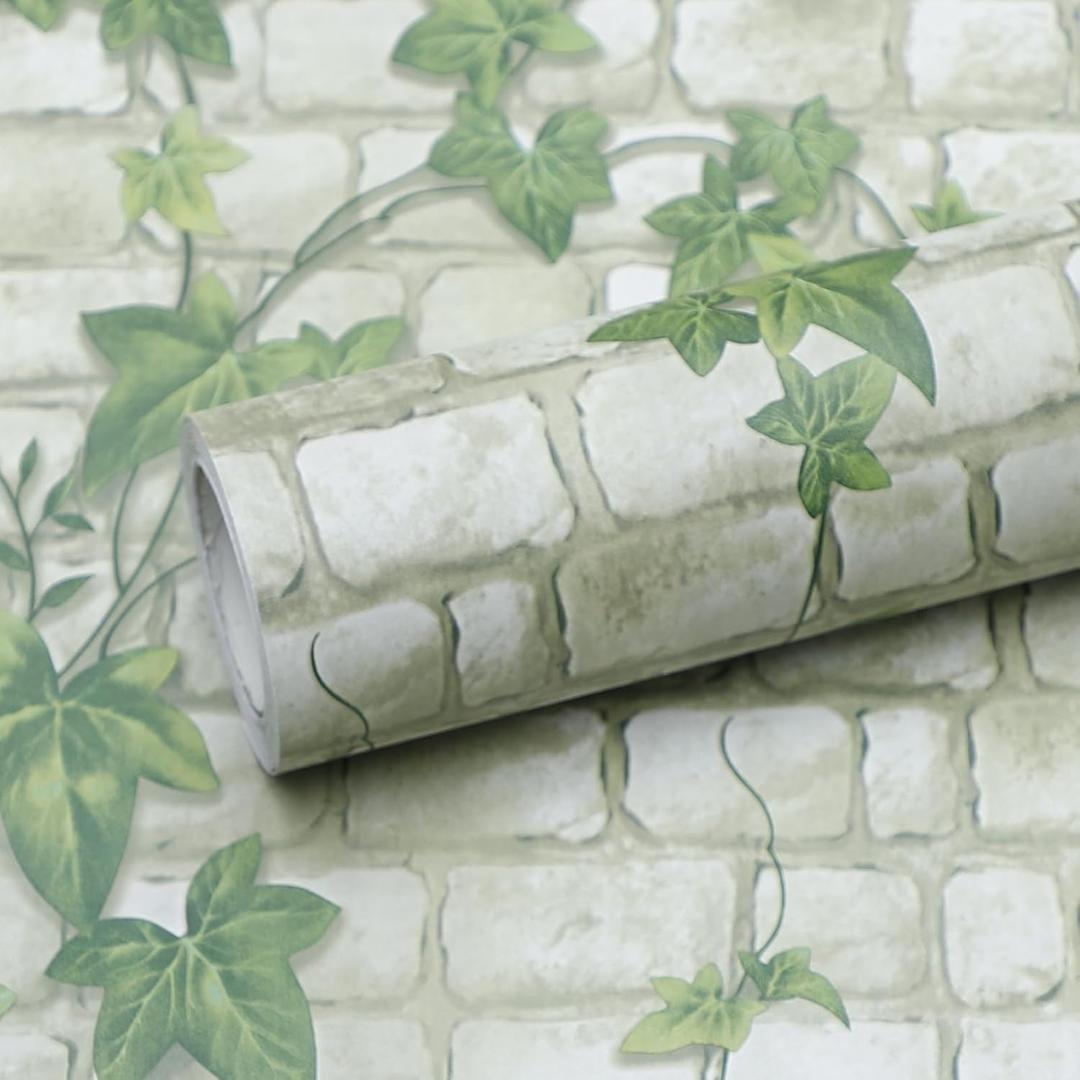 Brick Peel and Stick Wallpaper Self Adhesive Wallpaper Removable Contact Paper 3D BrickTextured Vintage Wall Paper Decorative Green Leaves Brick 15.7"x393"